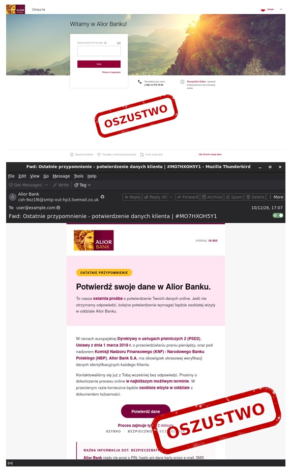 Przykład fałszywej strony logowania i wiadomości e-mail podszywających się pod Alior Bank, oznaczony przez CERT Polska jako oszustwo