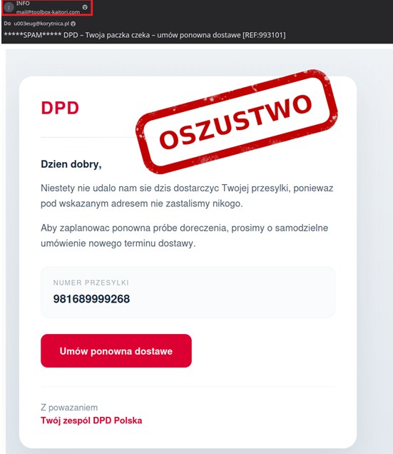 Przykład fałszywej wiadomości e-mail o nieudanym doręczeniu przesyłki, podszywającej się pod firmę kurierską, oznaczony przez CERT Polska jako oszustwo