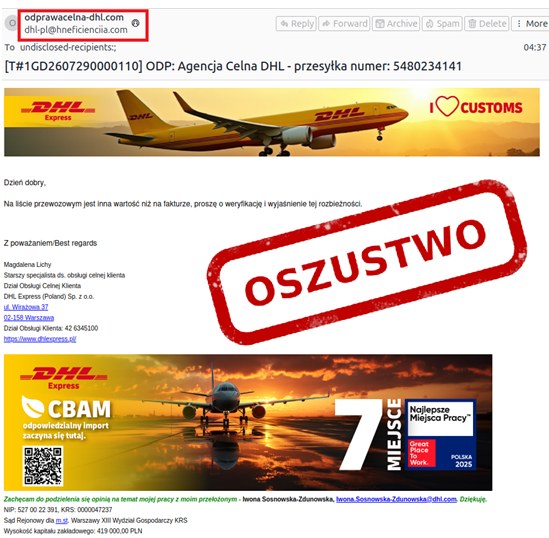 Przykład fałszywej wiadomości e-mail podszywającej się pod firmę kurierską, z prośbą o weryfikację rozbieżności, oznaczony przez CERT Polska jako oszustwo