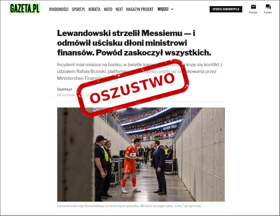 Fałszywy artykuł wzorowany na Gazeta.pl z wizerunkiem Roberta Lewandowskiego, oznaczony jako oszustwo