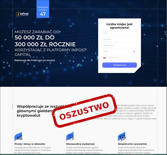 Fałszywa platforma inwestycyjna obiecująca wysokie zyski, oznaczona jako oszustwo