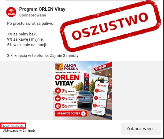 Fałszywa reklama sponsorowana programu ORLEN Vitay w mediach społecznościowych, oznaczona jako oszustwo
