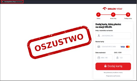 Fałszywa strona wyłudzająca dane karty płatniczej, podszywająca się pod ORLEN Vitay, oznaczona jako oszustwo