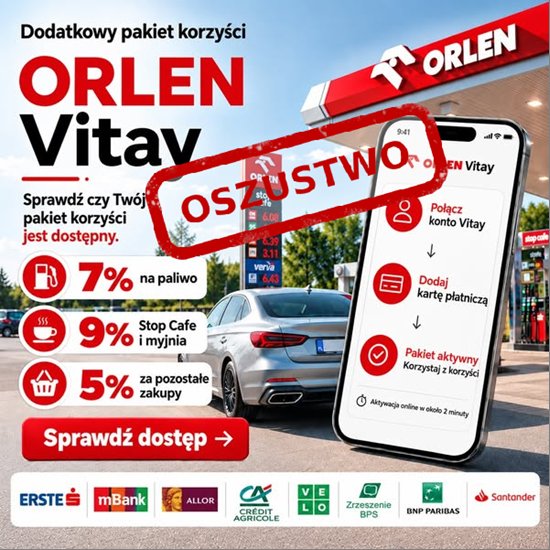 Fałszywa grafika promocyjna ORLEN Vitay z obietnicą rabatów, oznaczona jako oszustwo