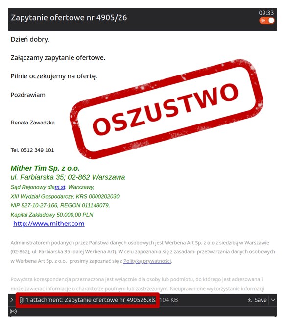 Przykład fałszywej wiadomości e-mail z zapytaniem ofertowym i załącznikiem .xls, oznaczony przez CERT Polska jako oszustwo